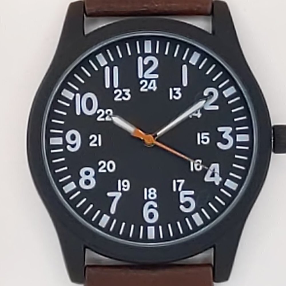 Men's Quartz Field Watch Black Case Brown Leather Strap 42mm - Picture 9 of 11